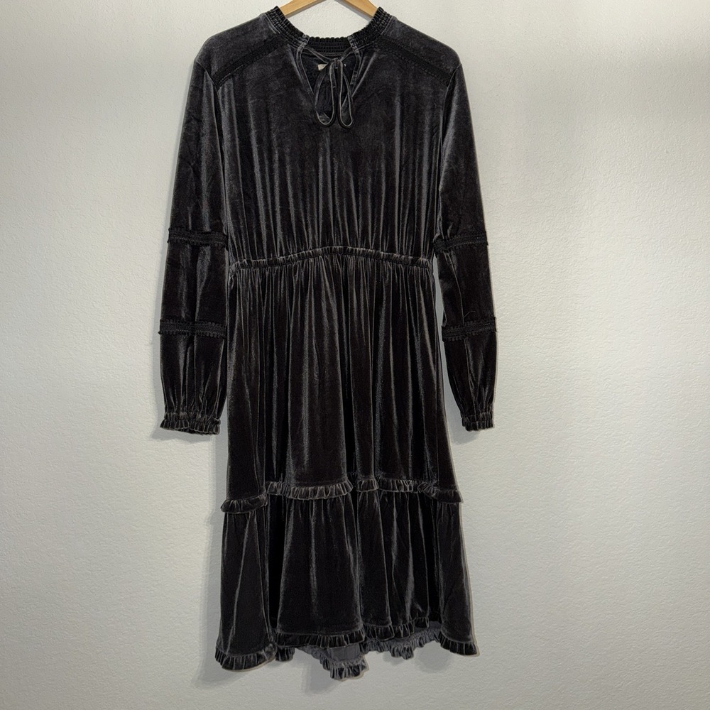 Kate & Sam Black Crushed Velvet Maxi Dress Women's L Long Sleeve Tiered Boho